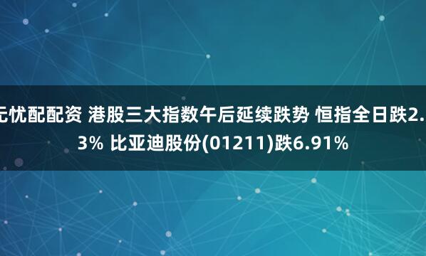 无忧配配资 港股三大指数午后延续跌势 恒指全日跌2.23% 比亚迪股份(01211)跌6.91%